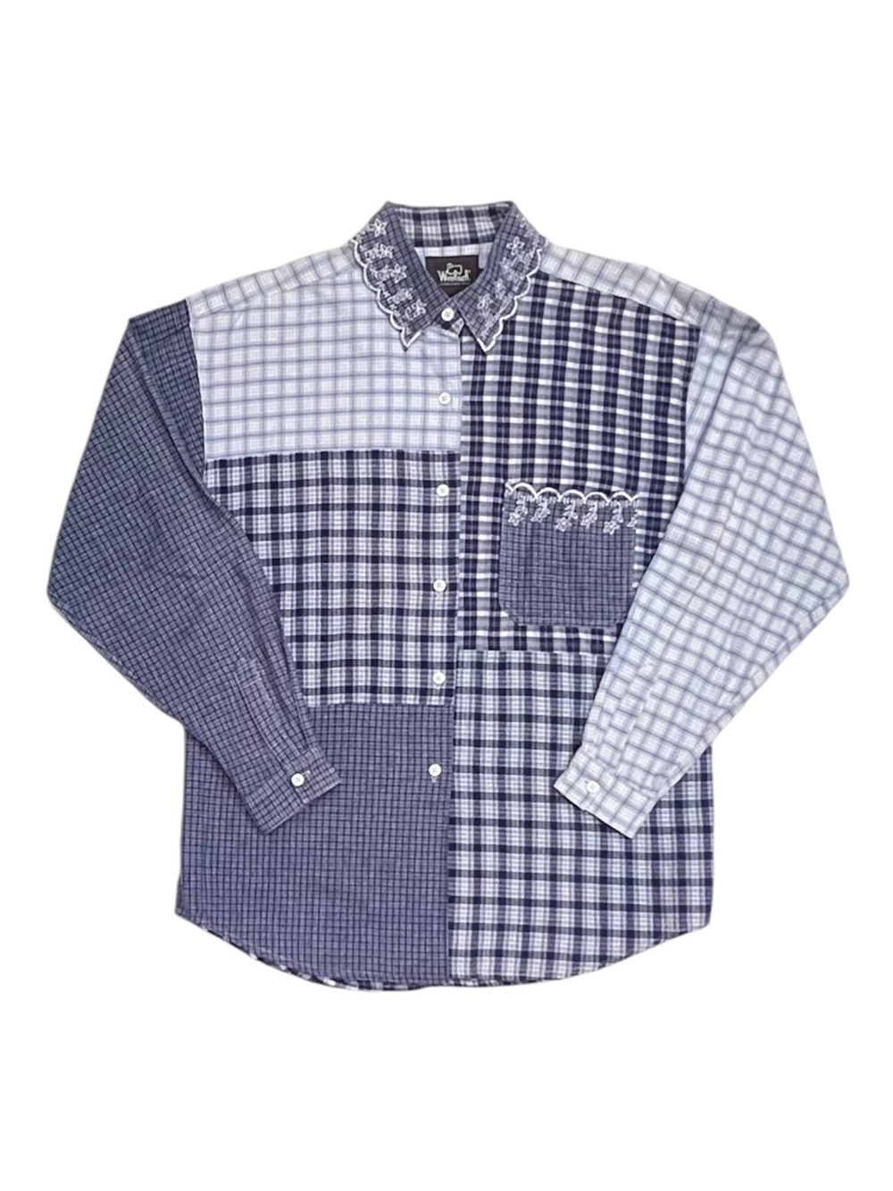 Woolrich Blue Patchwork Plaid Floral Lace Button Down Blouse Size Large